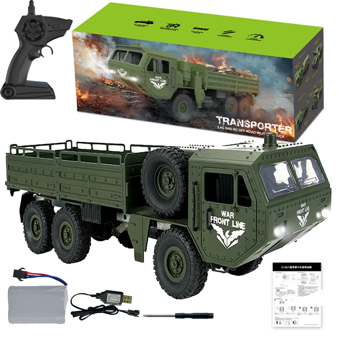 Military Transporter RC Truck 6WD | 2.4G Off-Road Army Cargo Vehicle with LED Lights (RTR)