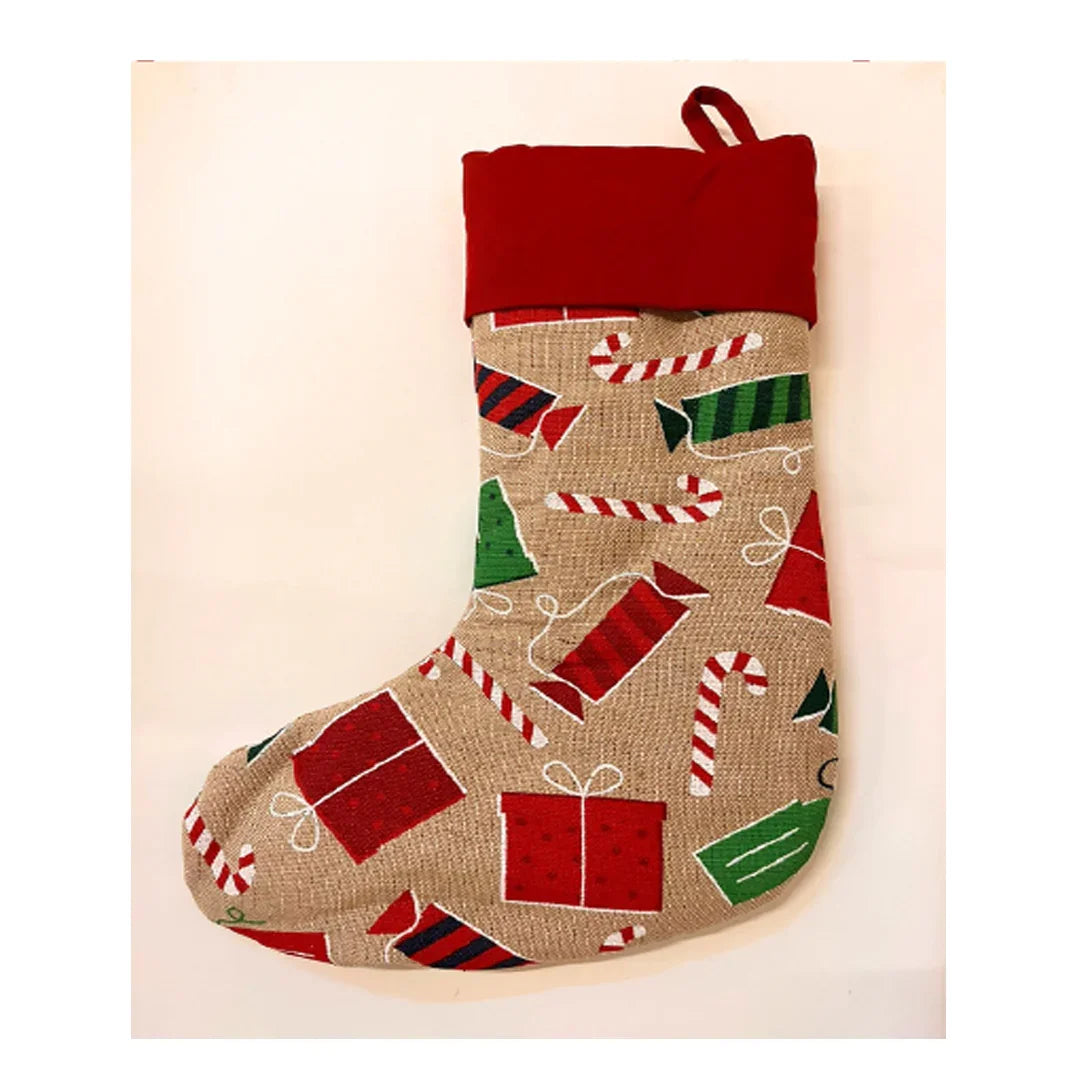 SWEN Norah Festive Burlap Christmas Stockings | Gift & Candy Printed Rustic Stockings for Classic Holiday Charm - Pack of 2