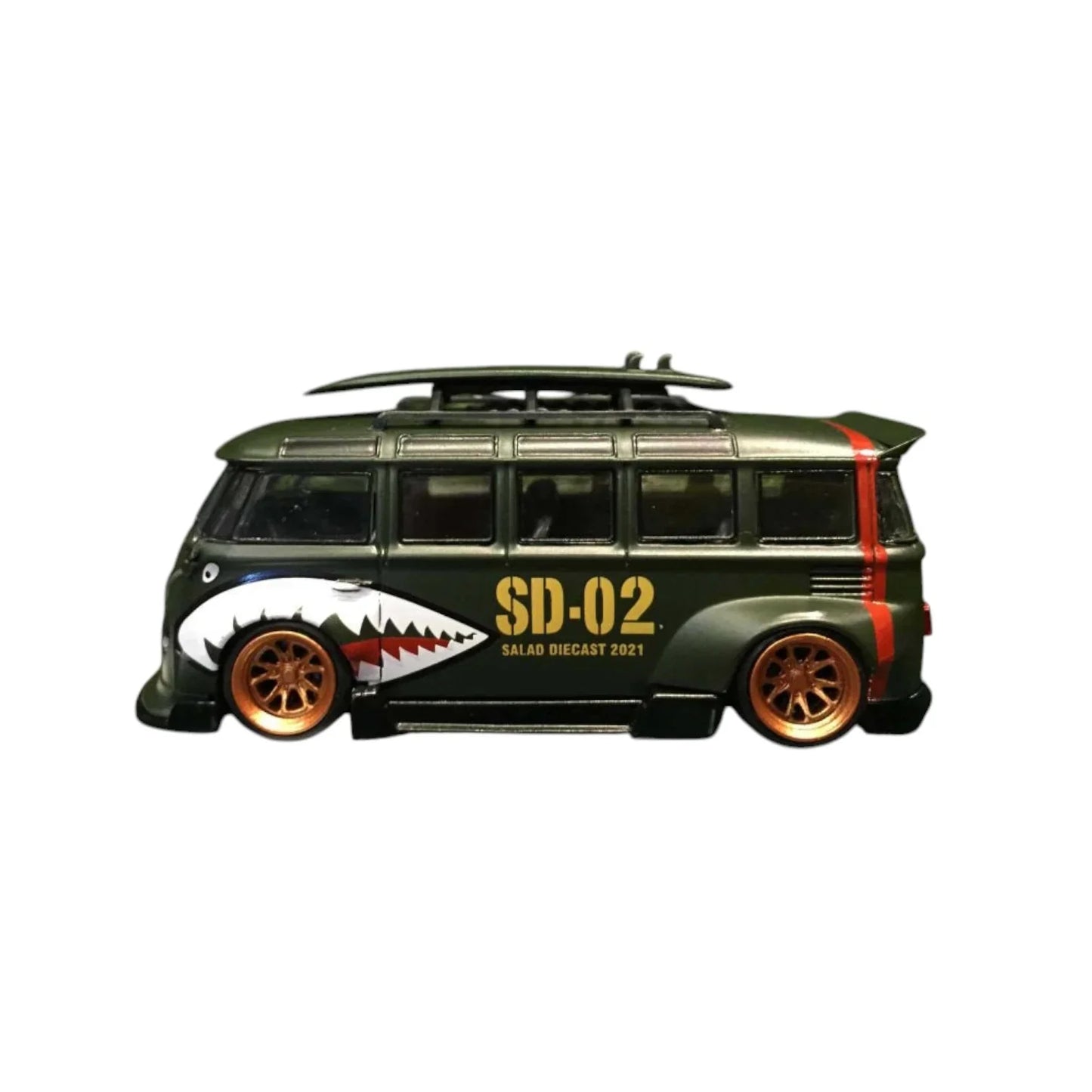 1:64 Flame Salad Diecast SD-02 Volkswagen Bus Custom 1:64 Scale Model – Military Green Shark Livery - Jaiman Toys
