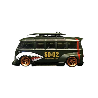 1:64 Flame Salad Diecast SD-02 Volkswagen Bus Custom 1:64 Scale Model – Military Green Shark Livery - Jaiman Toys