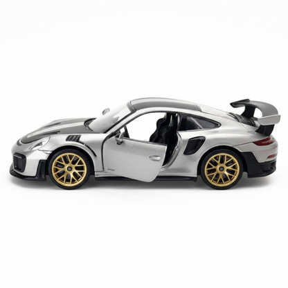 MSZ 1:32 Porsche 911 GT2 RS Die-Cast Model Car – Grey | Pull Back, Openable Doors, Light & Sound (68705)