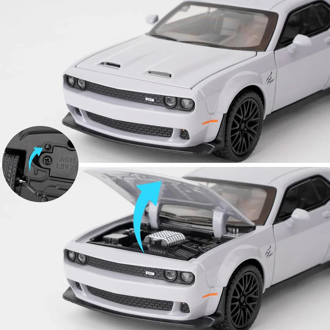 1:32 Dodge Challenger Hellcat Diecast Model Car – Pull Back Zinc Alloy Toy with Sound & Light (Gray) - Jaiman Toys