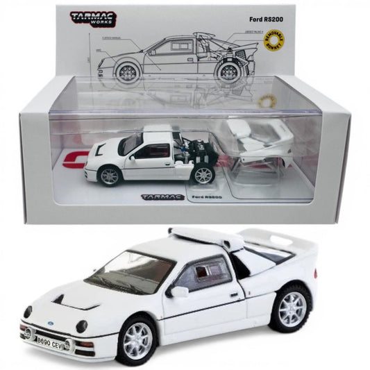 Tarmac Works 1:64 Ford RS200 White Diecast Car with Removable Bonnet (T64P-001-WH) – Detailed Collectible Model