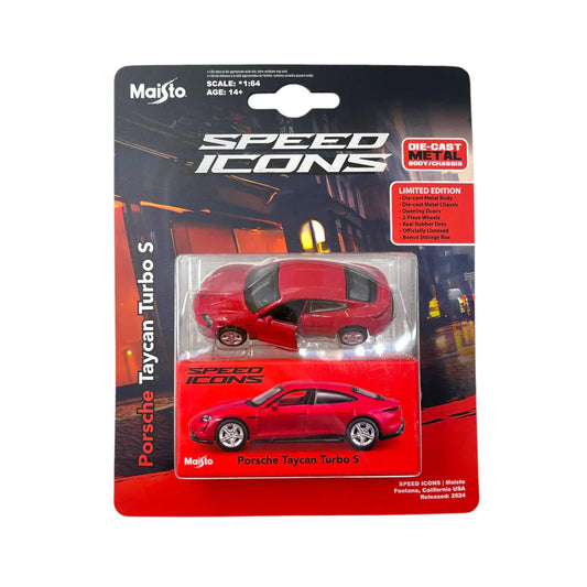 Maisto Speed Icons Porsche Taycan Turbo S – Red, 1:64 Licensed Die‑Cast Model | Collector’s Premium - Jaiman Toys