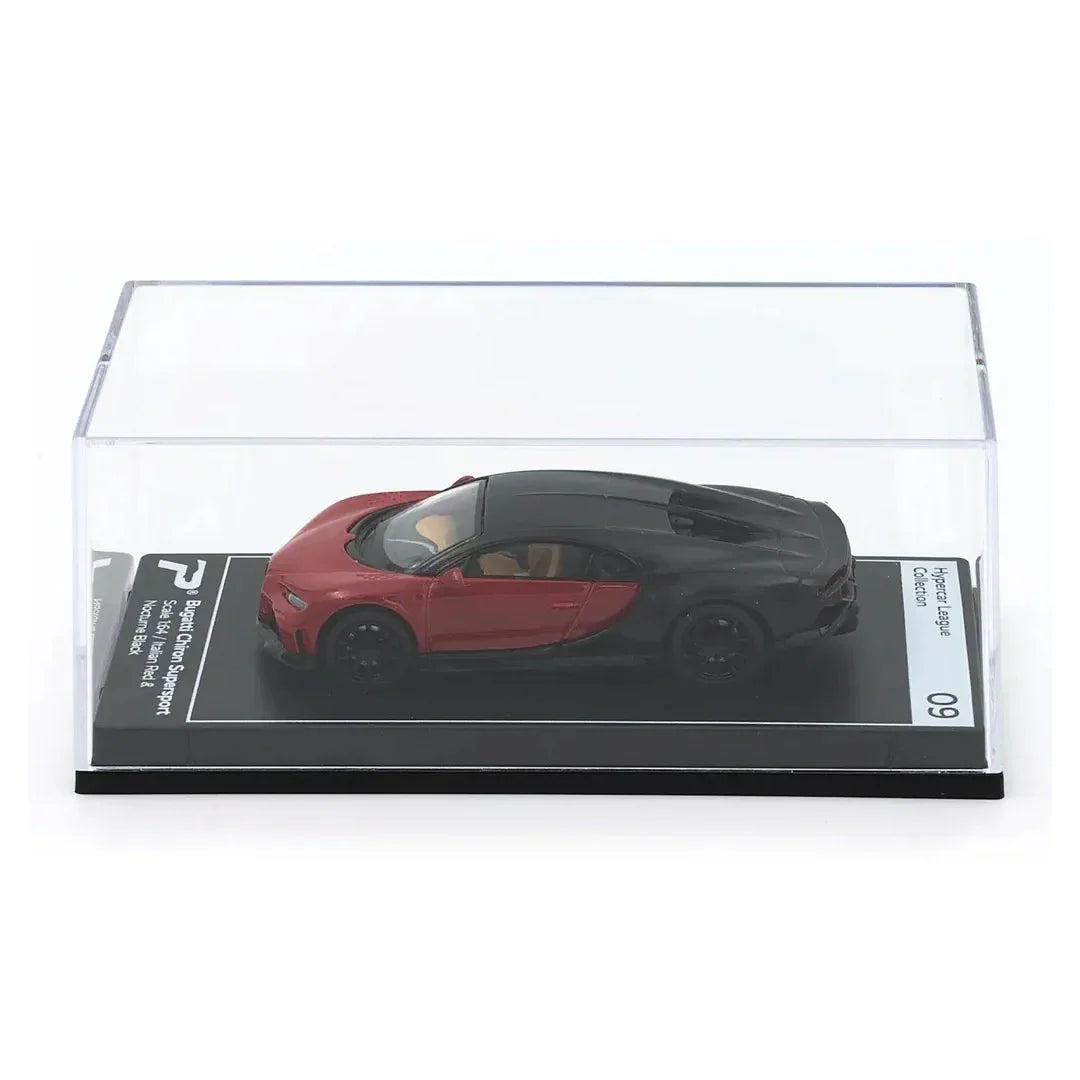 PosterCars 1:64 H09 – Bugatti Chiron Supersport Italian Red & Nocturne Black with Acrylic Box | - Jaiman Toys
