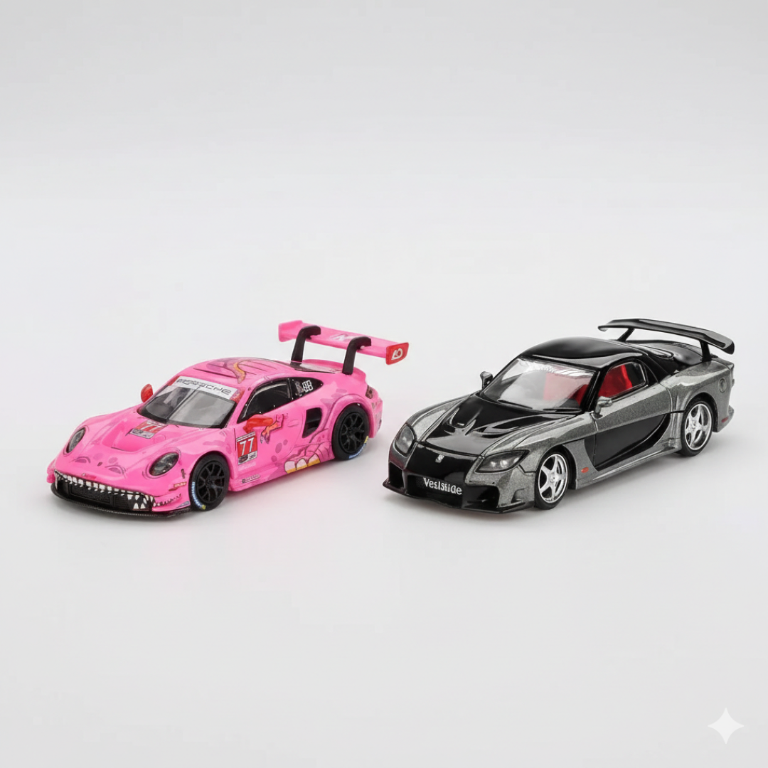 Mini GT 1:64 Racing Duo Diecast Set – Roxy Porsche 911 GT3 R #77 IMSA 2024 + VeilSide Mazda RX-7 Widebody Collectibles