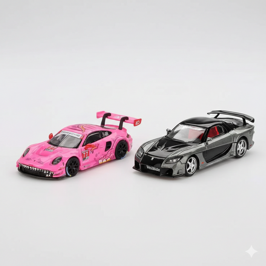 Mini GT 1:64 Racing Duo Diecast Set – Roxy Porsche 911 GT3 R #77 IMSA 2024 + VeilSide Mazda RX-7 Widebody Collectibles