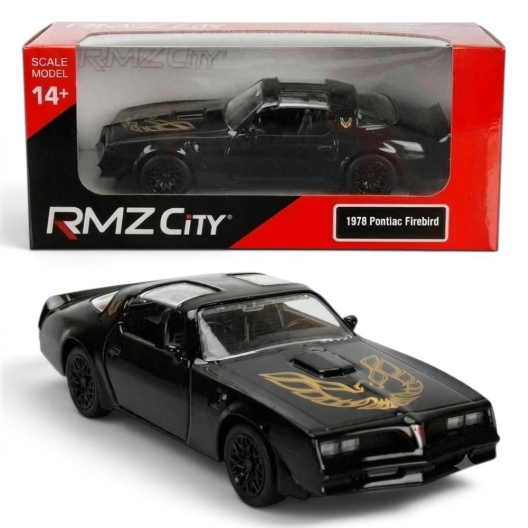 RMZ City 1978 Pontiac Firebird Trans Am 1:32 Scale Die-Cast Model Car – Black with Gold Firebird Hood Graphics | Classic American Muscle Car Collectible with Opening Doors