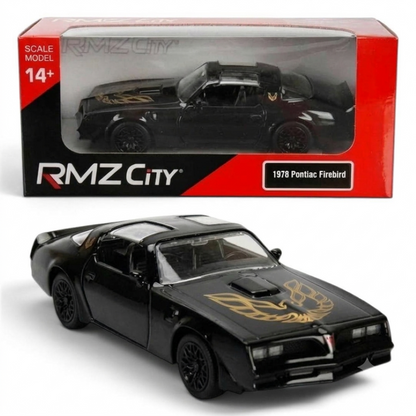 RMZ City 1978 Pontiac Firebird Trans Am 1:32 Scale Die-Cast Model Car – Black with Gold Firebird Hood Graphics | Classic American Muscle Car Collectible with Opening Doors