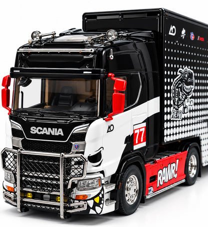 Maxwell 1:64 Scania S730 RAWR! Racing Team #77 Enclosed Transporter Truck Diecast Model – Black, White & Red
