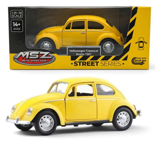 MSZ 1:38 Volkswagen Classic Beetle 1967 Yellow Die-Cast Pull-Back Car