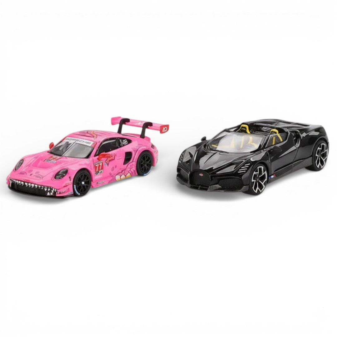 Mini GT 1:64 Racing Duo Diecast Set – Roxy Porsche 911 GT3 R #77 IMSA + Bugatti W16 Mistral Black Collectibles