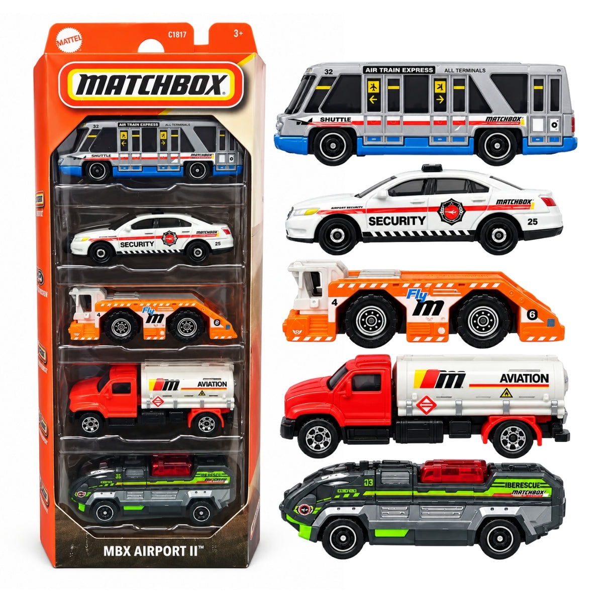 Matchbox JBX23 MBX Airport II Die-Cast 5-Pack – Airport Shuttle Bus, Security Car, Tow Truck, Fuel Tanker & Fire Rescue Vehicle – Mattel Collectible Toy Cars