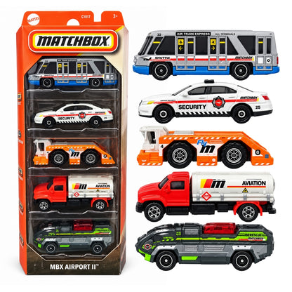 Matchbox JBX23 MBX Airport II Die-Cast 5-Pack – Airport Shuttle Bus, Security Car, Tow Truck, Fuel Tanker & Fire Rescue Vehicle – Mattel Collectible Toy Cars