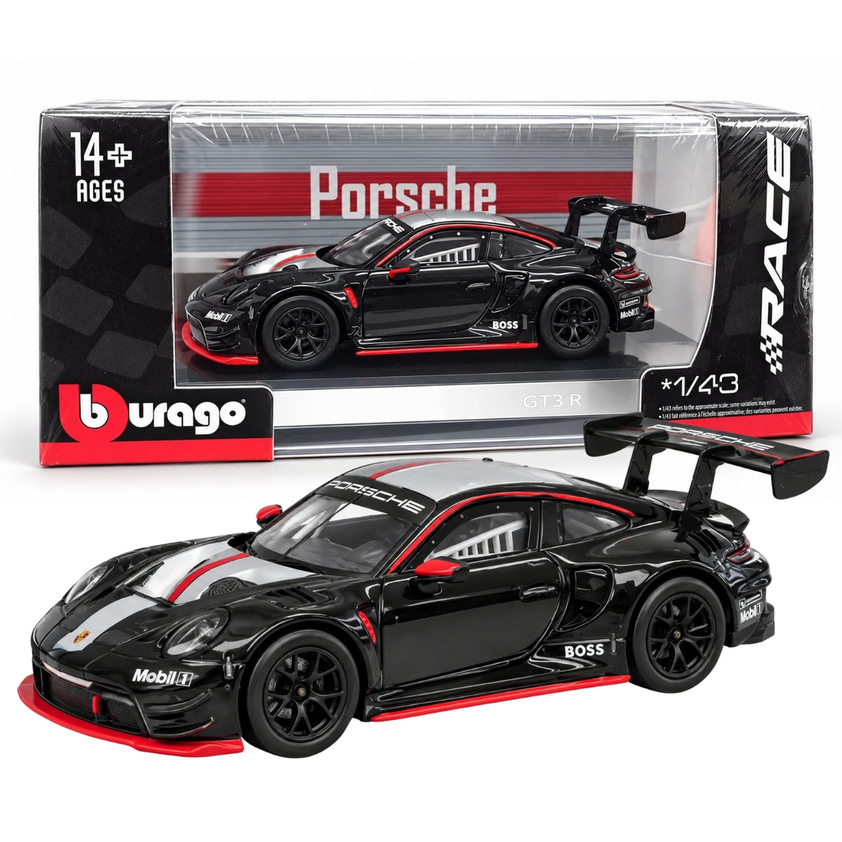 Bburago 1:43 Porsche 911 GT3 R Black Racing Edition Diecast Model Car with Red Accents, Detailed Sports Car Collectible & Display Box for Porsche Enthusiasts