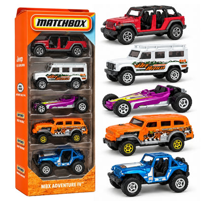 Matchbox JBX39 MBX Adventure IV 5-Pack Die-Cast Toy Cars Set with Jeep SUVs, Off-Road Adventure Vehicles & Dune Buggy for Kids and Collectors