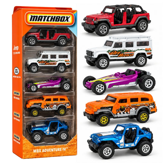 Matchbox JBX39 MBX Adventure IV 5-Pack Die-Cast Toy Cars Set with Jeep SUVs, Off-Road Adventure Vehicles & Dune Buggy for Kids and Collectors