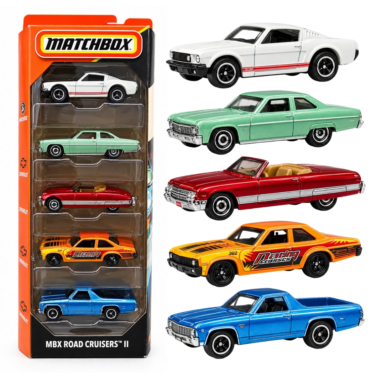 Matchbox JBX35 MBX Road Cruisers II 5-Pack Die-Cast Classic Cars & Trucks Collectible Toy Set