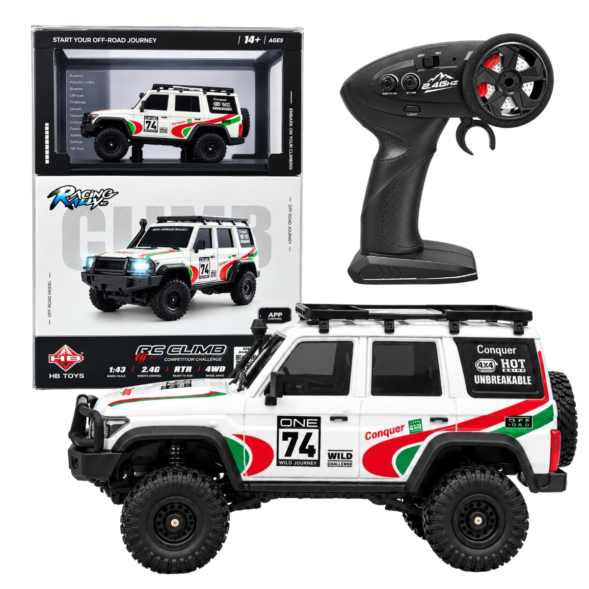 HB Toys 1:43 Scale Racing Rally RC Climb 4WD Off-Road SUV | 2.4GHz Remote Control Rock Crawler Car, Ready to Run (RTR), App Control, White