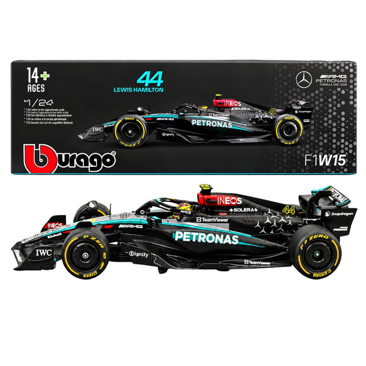 Bburago 1:24 Scale Mercedes-AMG F1 W15 E Performance Lewis Hamilton #44 Formula 1 Diecast Racing Car Model with Display Case