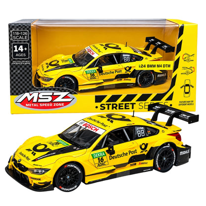 MSZ 1:24 Scale BMW M4 DTM Racing Diecast Model Car – Yellow Deutsche Post Edition, Metal Body Collectible with Detailed Interior, Opening Features & Display Model for Ages 14+