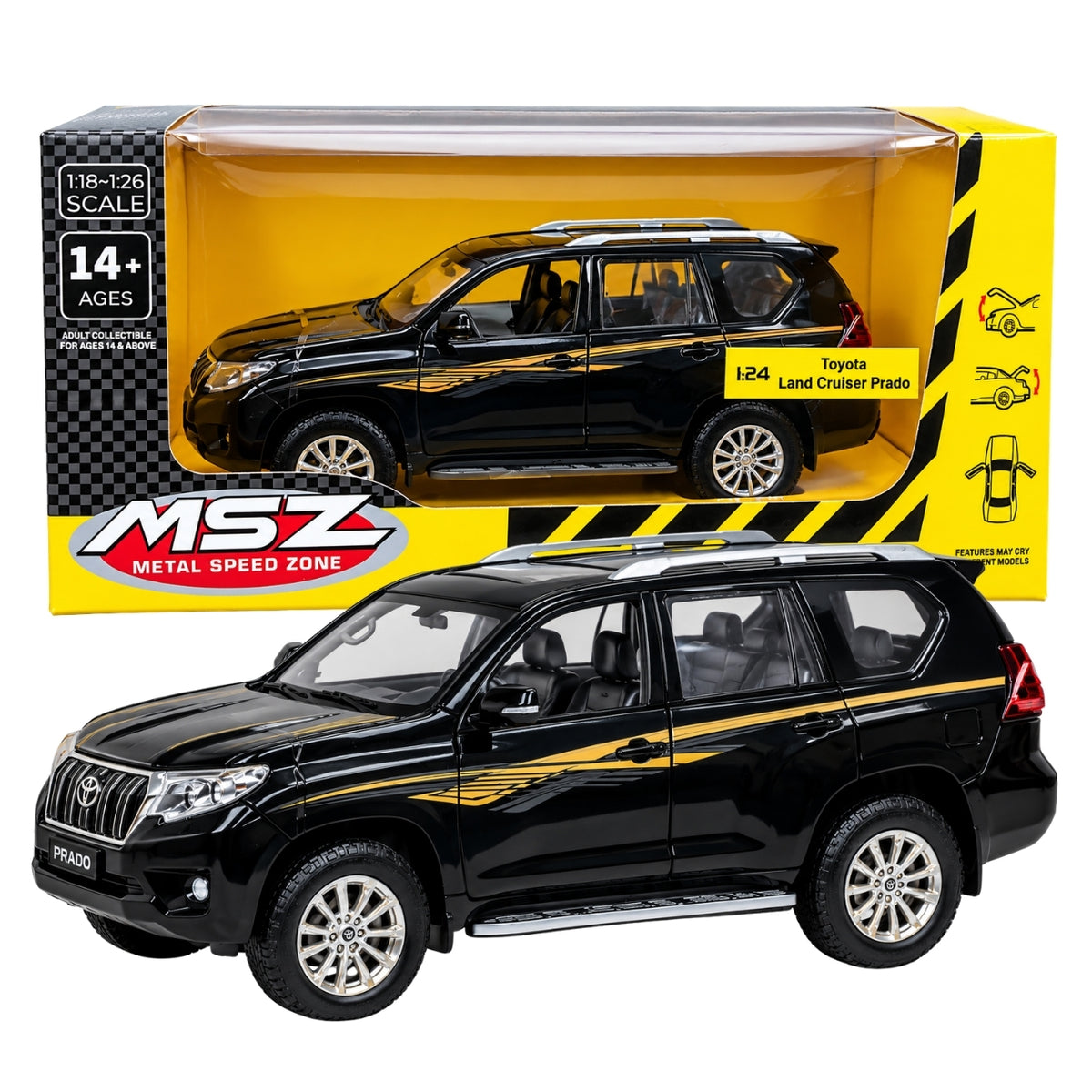 MSZ 1:24 Scale Toyota Land Cruiser Prado Black Diecast Model SUV – Metal Body Collectible Car with Detailed Interior, Realistic Wheels & Premium Display Packaging for Ages 14+