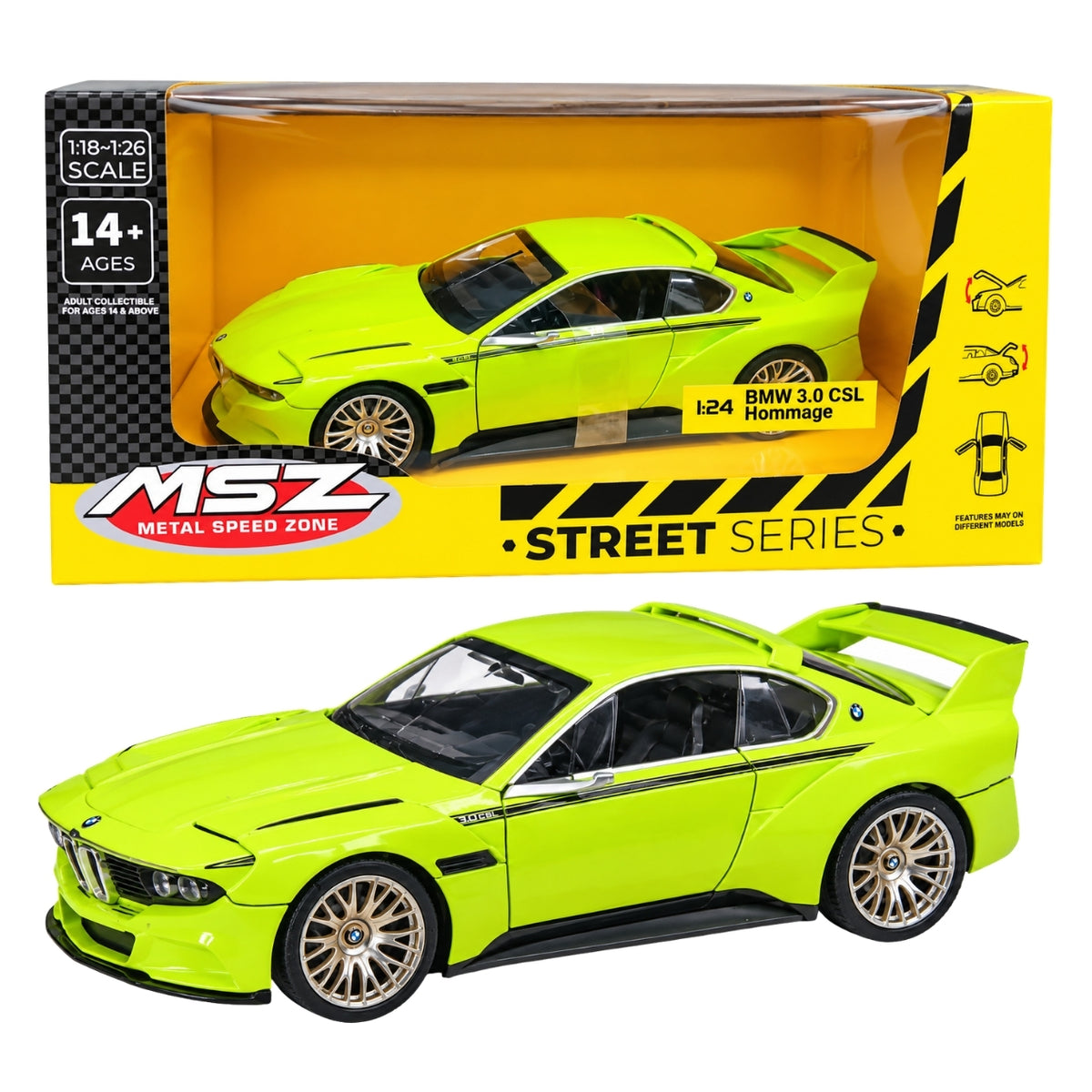MSZ 1:24 Scale BMW 3.0 CSL Hommage Green Diecast Model Car | Metal Body Collectible Sports Car with Opening Features | Street Series | Ages 14+
