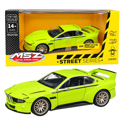 MSZ 1:24 Scale BMW 3.0 CSL Hommage Green Diecast Model Car | Metal Body Collectible Sports Car with Opening Features | Street Series | Ages 14+