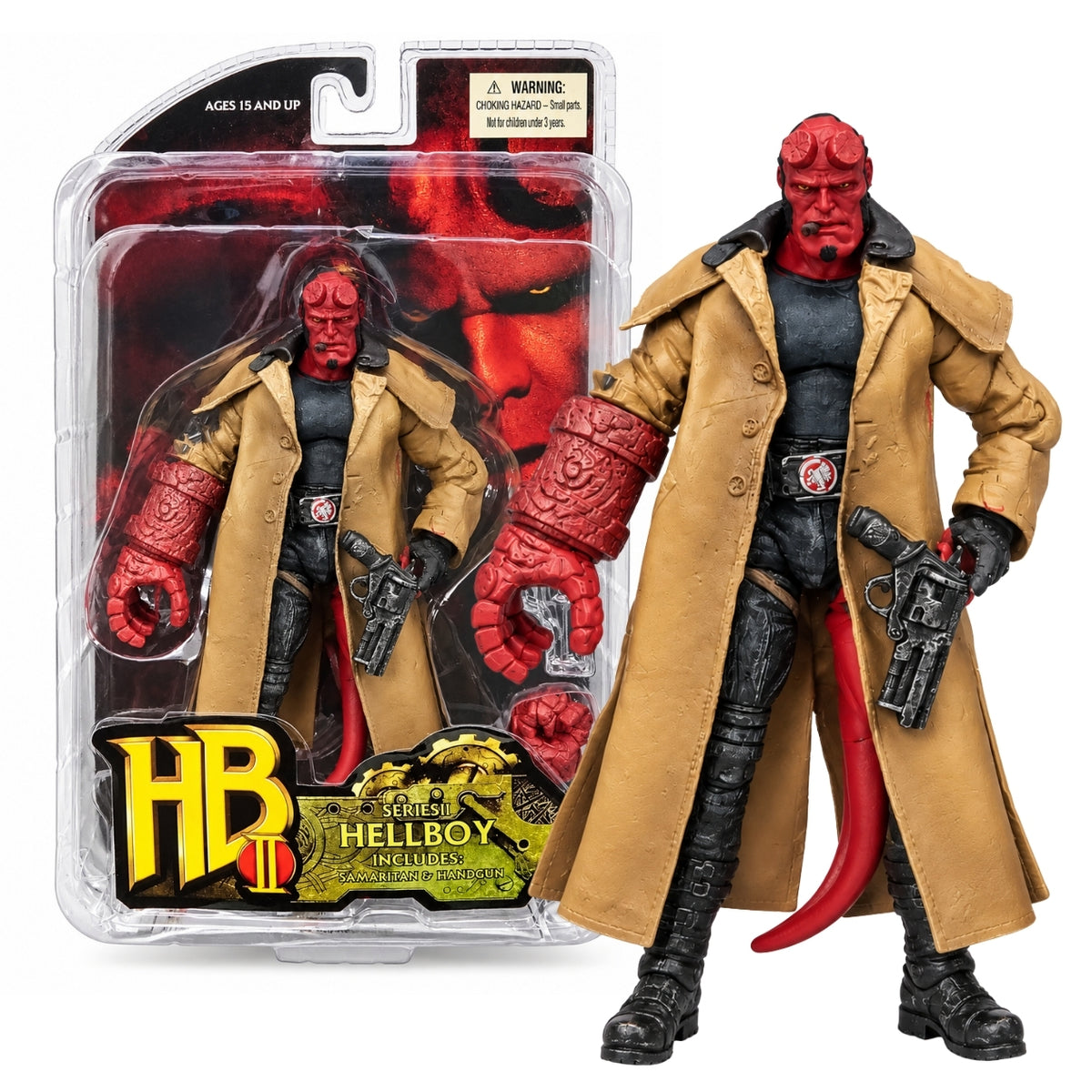 Hellboy Series II Action Figure with Samaritan Handgun, Right Hand of Doom, Detailed Tan Trench Coat & Accessories – Premium Comic Book & Movie Collectible for Ages 15+