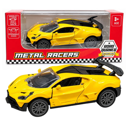 Road Burner Metal Racers Diecast Metal Pull Back Sports Racing Toy Car with Openable Doors, Collectible Toy Car for Boys & Girls Ages 3 Years & Above – Yellow