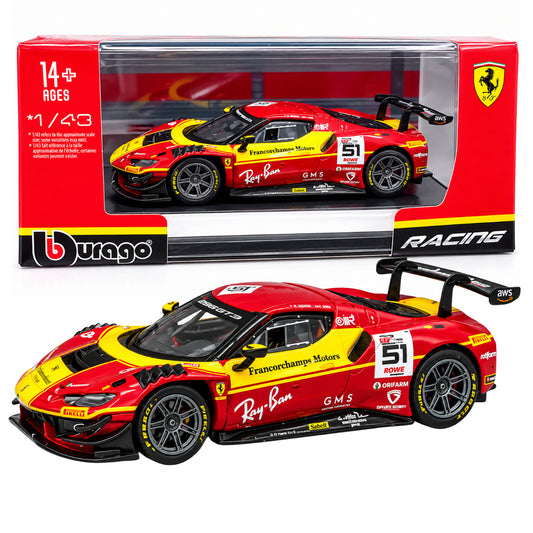 Bburago Ferrari 296 GT3 #51 Racing Diecast Model Car 1:43 Scale – Red & Yellow Francorchamps Motors GT3 Race Car Ferrari Collectible for Adults & Kids 14+