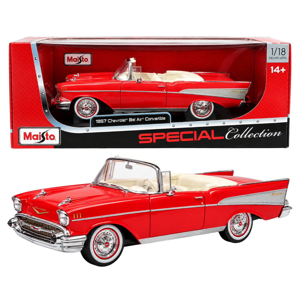 Maisto Special Collection 1957 Chevrolet Bel Air Convertible 1:18 Scale Diecast Metal Model Car – Red with Cream Interior, Premium Collectible Display Model for Car Enthusiasts, Ages 14+