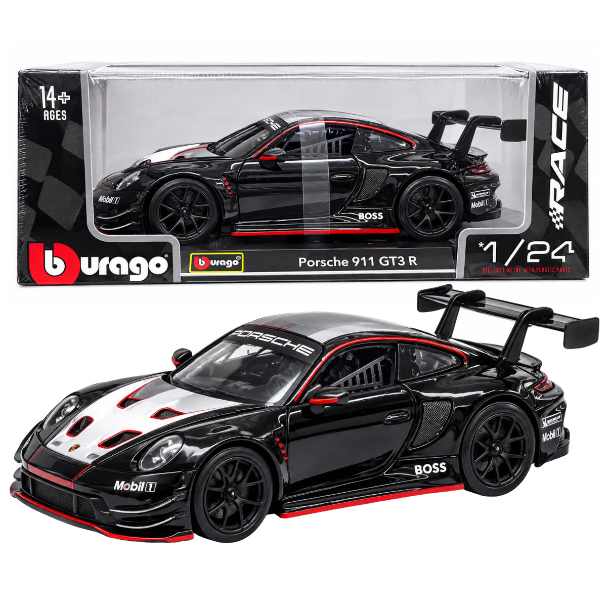 Bburago Porsche 911 GT3 R Black Racing Car 1:24 Scale Diecast Model with Rear Spoiler – Collectible Sports Car for Ages 14+