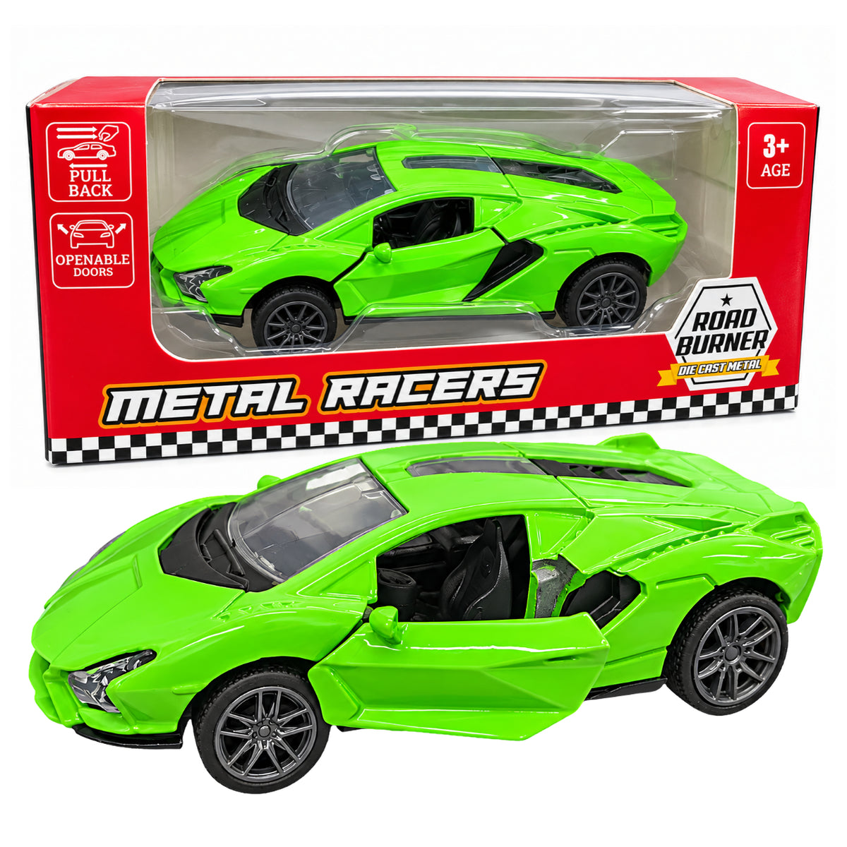 Road Burner Metal Racers 1:39 Scale Diecast Sports Car Toy – Green | Pull Back Action, Openable Doors, Metal Body, Racing Car Model for Kids 3+ Years
