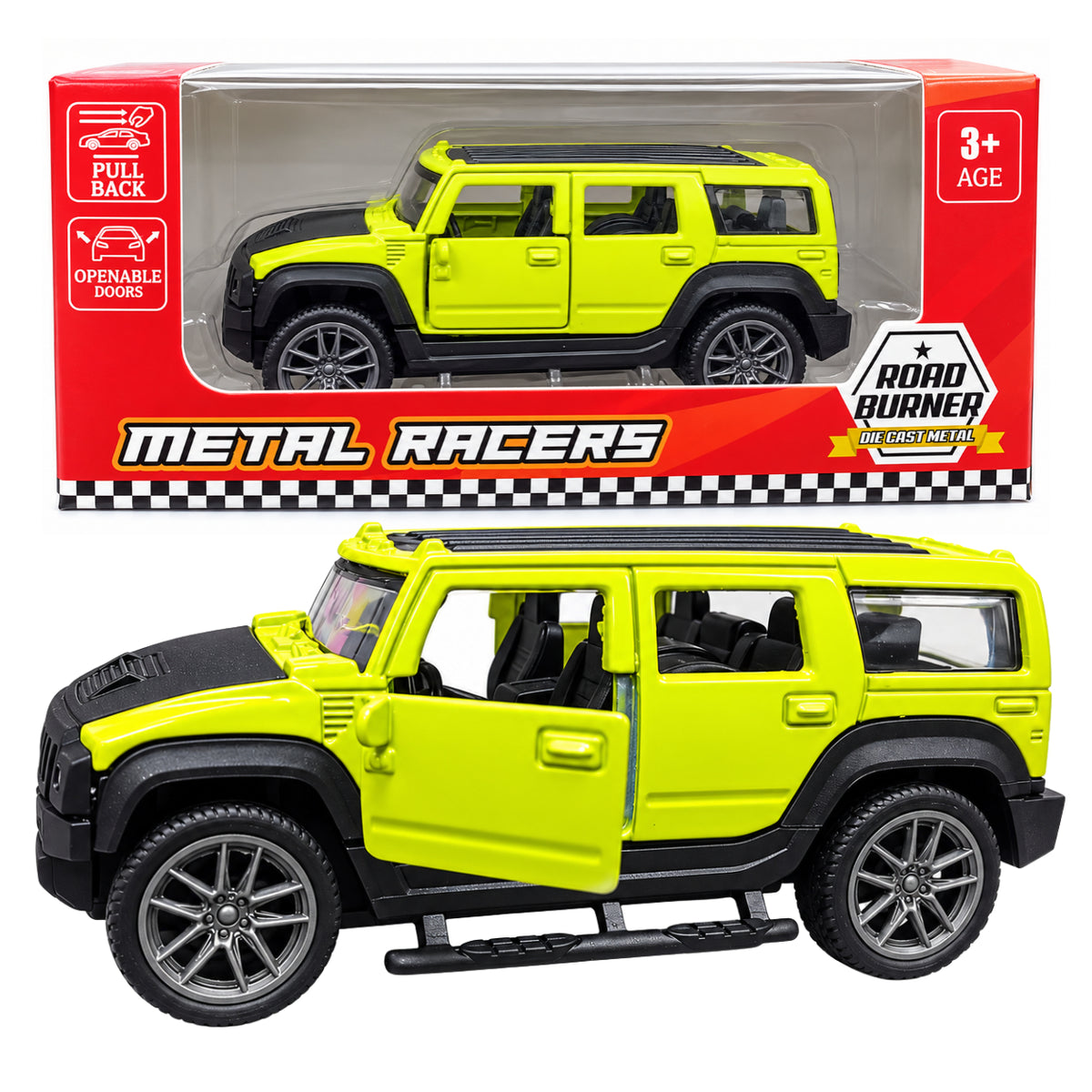 Road Burner Metal Racers 1:39 Scale Die-Cast SUV Toy Car with Pull Back Action & Openable Doors – Green