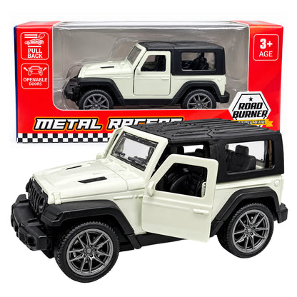 Road Burner Metal Racers 1:39 Scale Die-Cast Off-Road Jeep SUV Toy Car (White & Black) with Pull Back Action, Openable Doors, Metal Body – Toy Vehicle for Kids Ages 3+