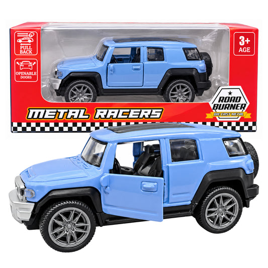 Road Burners Metal Racers 1:39 Scale Die-Cast SUV Toy Car – Blue Off-Road Model with Pull-Back Action, Openable Doors & Metal Body for Kids Ages 3+
