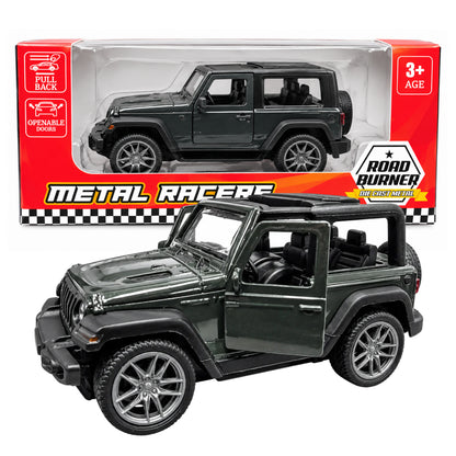 Road Burner Metal Racers 1:39 Scale Die-Cast Jeep Style Off-Road SUV Toy Car with Pull Back Action, Openable Doors, Metal Body & Detailed Interior – Dark Green