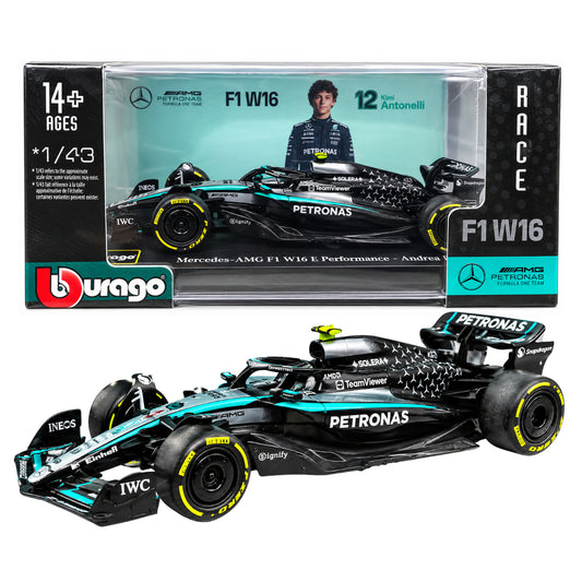 Bburago Mercedes-AMG F1 W16 E Performance Andrea Kimi Antonelli #12 1:43 Scale Die-Cast Formula 1 Racing Car Model – Mercedes-AMG PETRONAS F1 Team Collectible with Display Box