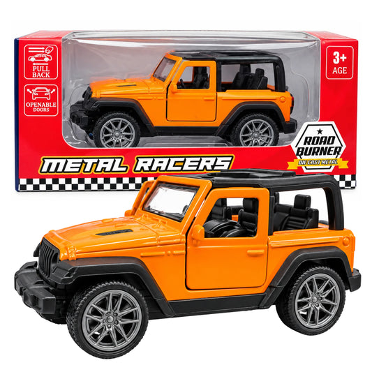 Road Burner Metal Racers 1:39 Scale Die-Cast Jeep SUV Toy Car – Orange Off-Road Vehicle with Pull Back Action, Openable Doors, Metal Body | Collectible Toy Car for Kids Ages 3+