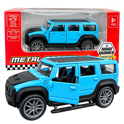 Road Burner Diecast Metal SUV Toy Car 1:39 Scale Model – Blue Off-Road SUV Collectible with Openable Doors, Pull-Back Action, Metal Body | Collectible Toy Car for Kids Ages 3+