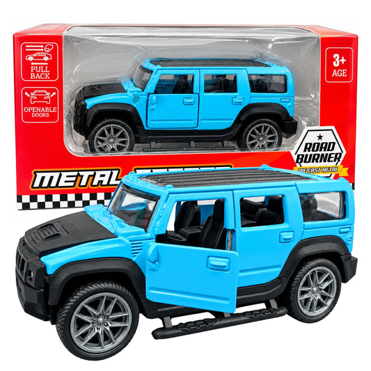 Road Burner Diecast Metal SUV Toy Car 1:39 Scale Model – Blue Off-Road SUV Collectible with Openable Doors, Pull-Back Action, Metal Body | Collectible Toy Car for Kids Ages 3+