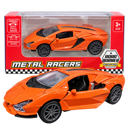 Road Burner Metal Racers 1:39 Scale Diecast Sports Car Toy with Pull Back Action, Openable Doors, Metal Body, Realistic Design & Free Rolling Wheels for Kids Ages 3+ – Orange