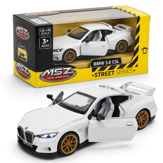 MSZ 1:38 BMW 3.0 CSL White Die-Cast Model Car with Openable Doors & Pull-Back Action | Street Series