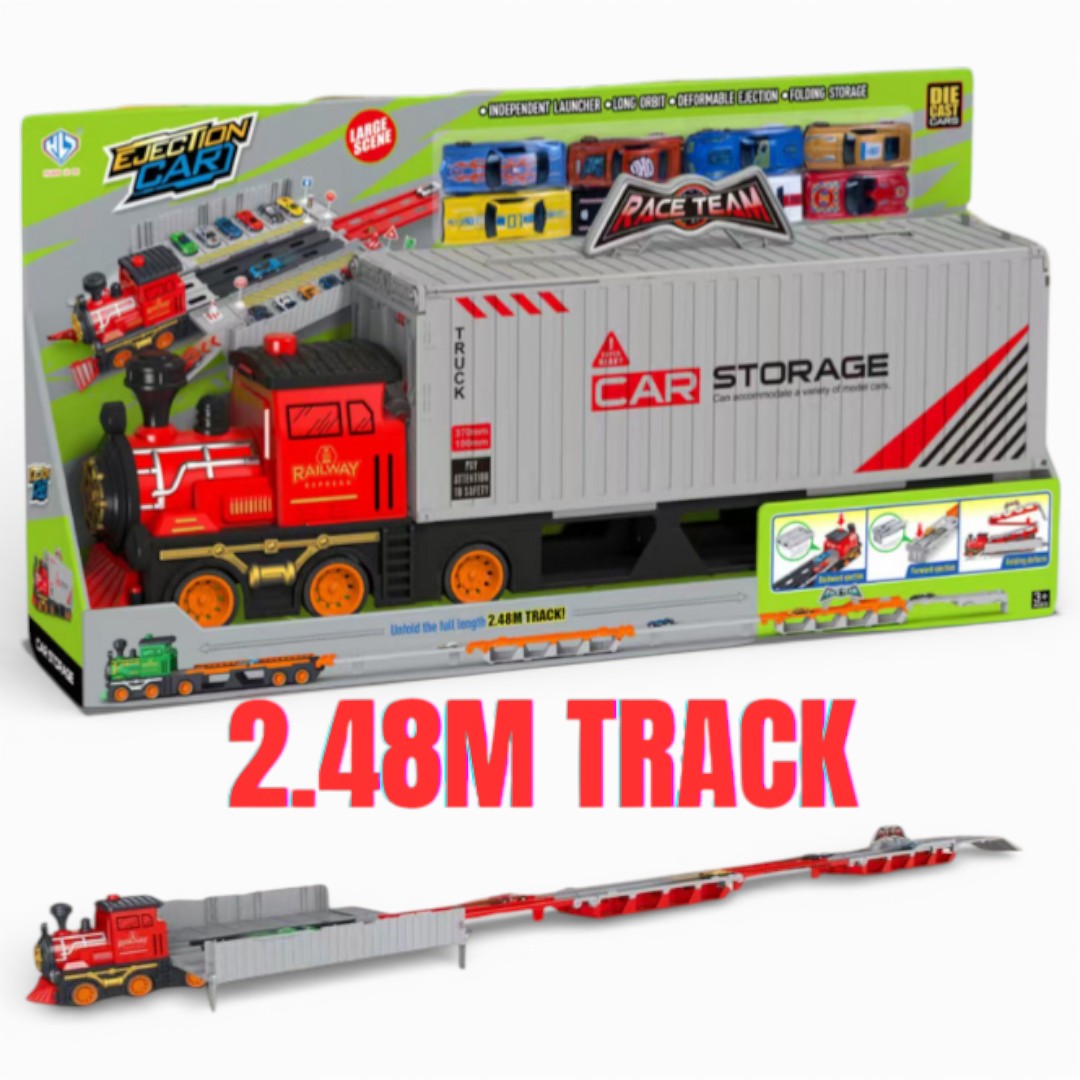 HUAN LE DI Super Large Foldable Train Car Storage Track Set with 8 Mini Diecast Cars – 2.48M Racing Playset for Kids TWO VARIANTS