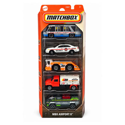 Matchbox JBX23 MBX Airport II Die-Cast 5-Pack – Airport Shuttle Bus, Security Car, Tow Truck, Fuel Tanker & Fire Rescue Vehicle – Mattel Collectible Toy Cars