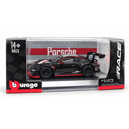 Bburago 1:43 Porsche 911 GT3 R Black Racing Edition Diecast Model Car with Red Accents, Detailed Sports Car Collectible & Display Box for Porsche Enthusiasts