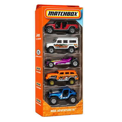 Matchbox JBX39 MBX Adventure IV 5-Pack Die-Cast Toy Cars Set with Jeep SUVs, Off-Road Adventure Vehicles & Dune Buggy for Kids and Collectors