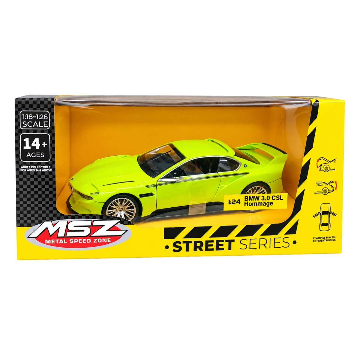 MSZ 1:24 Scale BMW 3.0 CSL Hommage Green Diecast Model Car | Metal Body Collectible Sports Car with Opening Features | Street Series | Ages 14+