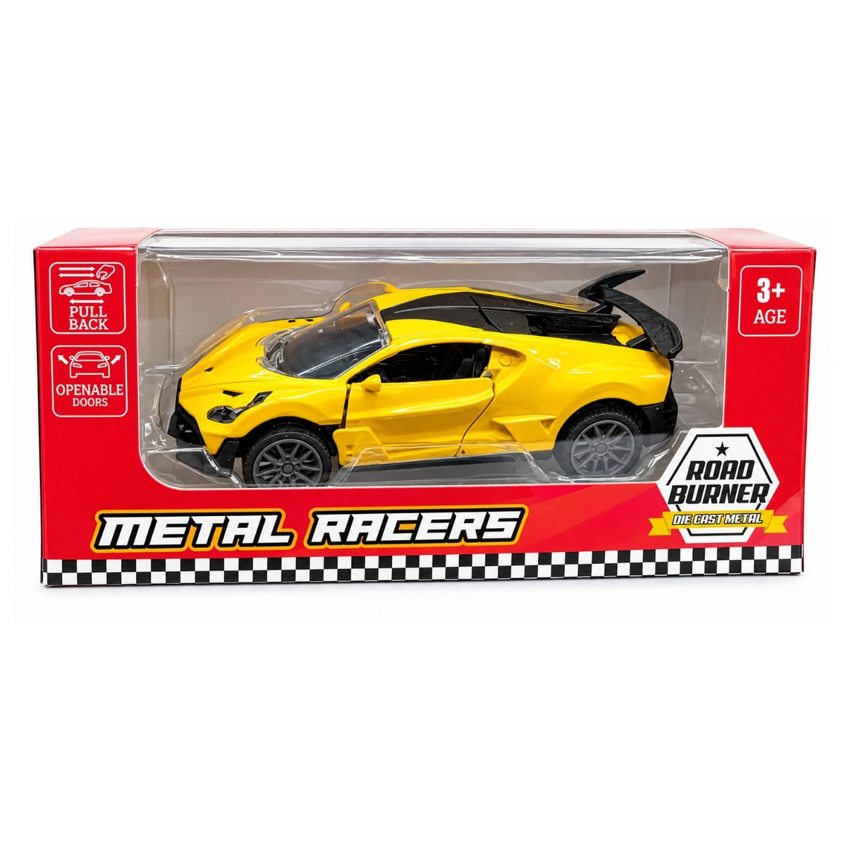 Road Burner Metal Racers Diecast Metal Pull Back Sports Racing Toy Car with Openable Doors, Collectible Toy Car for Boys & Girls Ages 3 Years & Above – Yellow